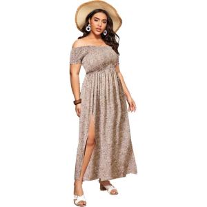 imageFloerns Womens Boho Floral Print Off Shoulder Split Long A Line DressBeige Plus