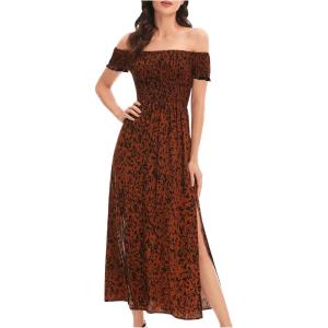 imageFloerns Womens Boho Floral Print Off Shoulder Split Long A Line DressBlack Coffee