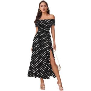 imageFloerns Womens Boho Floral Print Off Shoulder Split Long A Line DressBlackWhite