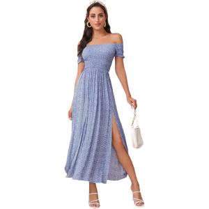 imageFloerns Womens Boho Floral Print Off Shoulder Split Long A Line DressBlue Flower