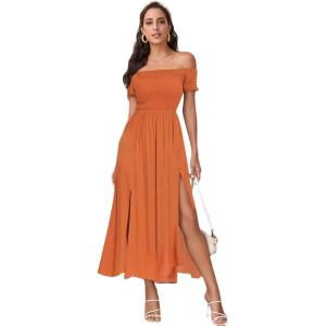 imageFloerns Womens Boho Floral Print Off Shoulder Split Long A Line DressBurnt Orange