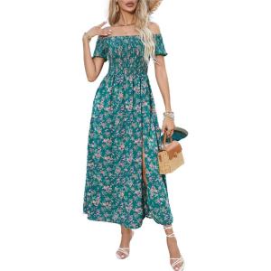 imageFloerns Womens Boho Floral Print Off Shoulder Split Long A Line DressFloral Forest Green