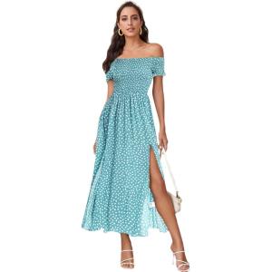 imageFloerns Womens Boho Floral Print Off Shoulder Split Long A Line DressGreen Dots