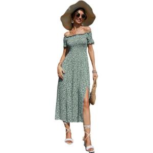 imageFloerns Womens Boho Floral Print Off Shoulder Split Long A Line DressGreen Multi