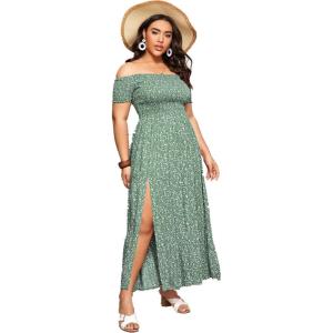 imageFloerns Womens Boho Floral Print Off Shoulder Split Long A Line DressGreen Plus