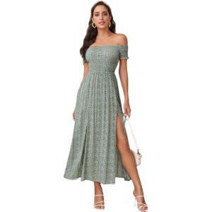 imageFloerns Womens Boho Floral Print Off Shoulder Split Long A Line DressGreenWhite