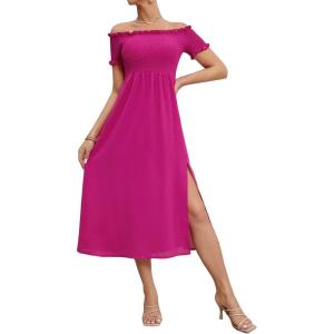 imageFloerns Womens Boho Floral Print Off Shoulder Split Long A Line DressHot Pink Flower