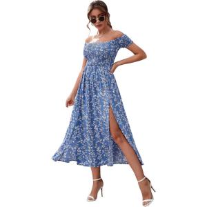 imageFloerns Womens Boho Floral Print Off Shoulder Split Long A Line DressLight Blue
