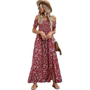 imageFloerns Womens Boho Floral Print Off Shoulder Split Long A Line DressMaroon Flower