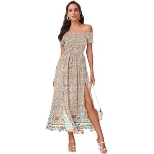 imageFloerns Womens Boho Floral Print Off Shoulder Split Long A Line DressMulti Floral