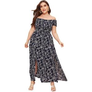 imageFloerns Womens Boho Floral Print Off Shoulder Split Long A Line DressNavy Plus
