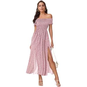 imageFloerns Womens Boho Floral Print Off Shoulder Split Long A Line DressPink
