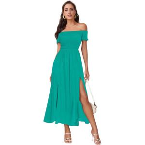 imageFloerns Womens Boho Floral Print Off Shoulder Split Long A Line DressSolid Light Green