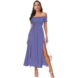 imageFloerns Womens Boho Floral Print Off Shoulder Split Long A Line DressSolid Purple
