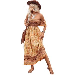 imageFloerns Womens Boho Floral Print Off Shoulder Split Long A Line DressYellow Floral Multi