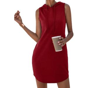 imageFloerns Womens Drawstring Solid Sweatshirt Dress Casual Short Sleeveless Hoodie Mini DressBurgundy