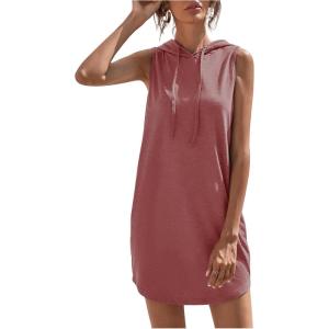 imageFloerns Womens Drawstring Solid Sweatshirt Dress Casual Short Sleeveless Hoodie Mini DressDusty Pink