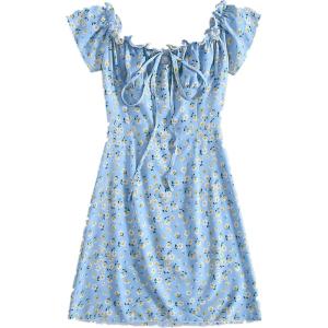 imageFloerns Womens Frill Tie Front Ditsy Floral Short Sleeve A Line DressBlue Floral
