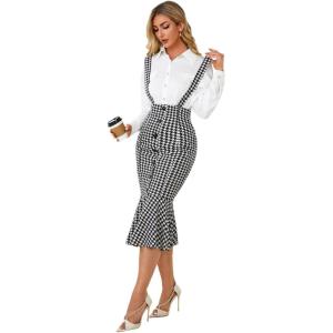 imageFloerns Womens High Waist Button Design Plaid Print Suspender Pinafore Midi DressBlack and White