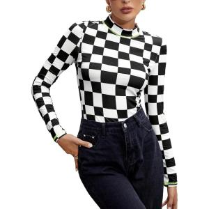 imageFloerns Womens Long Sleeve Mock Neck Slim Snakeskin TShirt TopsBlack Checker
