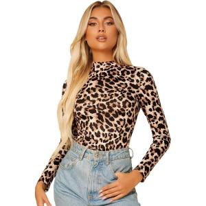 imageFloerns Womens Long Sleeve Mock Neck Slim Snakeskin TShirt TopsBrown Beige