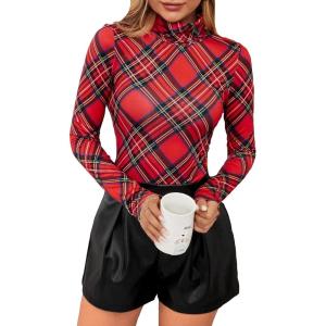 imageFloerns Womens Long Sleeve Mock Neck Slim Snakeskin TShirt TopsRed Plaid