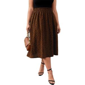 imageFloerns Womens Plus Size Ditsy Floral Flared Midi Skirt Polka Dots Pleated SkirtsCoffee Brown