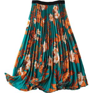 imageFloerns Womens Plus Size Ditsy Floral Flared Midi Skirt Polka Dots Pleated SkirtsGreen Orange Floral