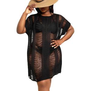 imageFloerns Womens Plus Size V Neck Fringe Trim Slit Hem Cover Up SwimwearBlack