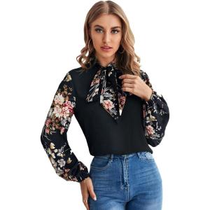 imageFloerns Womens Printed Bow Tied Neck Lantern Long Sleeve Workwear Shirts BlouseBlack Floral