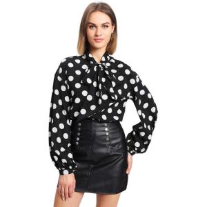 imageFloerns Womens Printed Bow Tied Neck Lantern Long Sleeve Workwear Shirts BlouseBlack Polka Dot