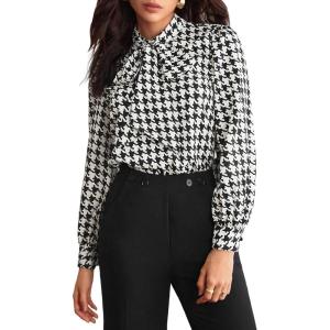 imageFloerns Womens Printed Bow Tied Neck Lantern Long Sleeve Workwear Shirts BlouseBlack White Houndstooth