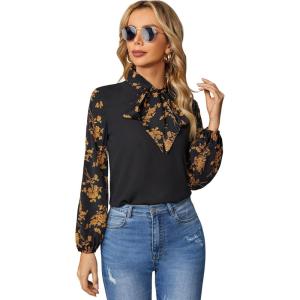 imageFloerns Womens Printed Bow Tied Neck Lantern Long Sleeve Workwear Shirts BlouseBlack Yellow