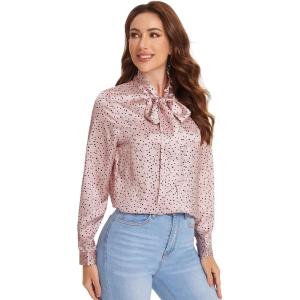 imageFloerns Womens Printed Bow Tied Neck Lantern Long Sleeve Workwear Shirts BlouseNew Pink Dot