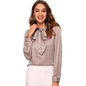 imageFloerns Womens Printed Bow Tied Neck Lantern Long Sleeve Workwear Shirts BlousePink Dot