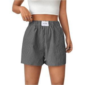 imageFloerns Womens Striped Print Letter Patched Elastic Waist Straight Wide Leg Casual ShortsDark Grey
