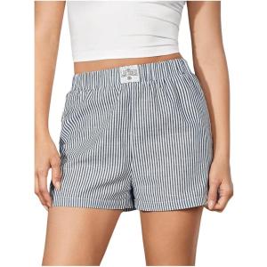imageFloerns Womens Striped Print Letter Patched Elastic Waist Straight Wide Leg Casual ShortsDeep Blue