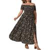 imageFloerns Womens Boho Ditsy Floral Print Off Shoulder Short Sleeve Split Maxi A Line DressBlack Khaki Floral
