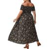 imageFloerns Womens Boho Ditsy Floral Print Off Shoulder Short Sleeve Split Maxi A Line DressBlack Khaki Floral