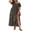 imageFloerns Womens Boho Ditsy Floral Print Off Shoulder Short Sleeve Split Maxi A Line DressBlack Khaki Floral