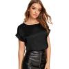 imageFloerns Womens Casual Solid Rolled Cap Short Sleeve Satin Silk Blouse TopsA Black