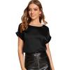 imageFloerns Womens Casual Solid Rolled Cap Short Sleeve Satin Silk Blouse TopsA Black