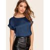 imageFloerns Womens Casual Solid Rolled Cap Short Sleeve Satin Silk Blouse TopsDark Blue