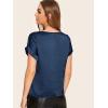 imageFloerns Womens Casual Solid Rolled Cap Short Sleeve Satin Silk Blouse TopsDark Blue
