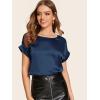 imageFloerns Womens Casual Solid Rolled Cap Short Sleeve Satin Silk Blouse TopsDark Blue