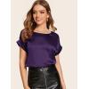 imageFloerns Womens Casual Solid Rolled Cap Short Sleeve Satin Silk Blouse TopsDark Purple