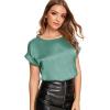 imageFloerns Womens Casual Solid Rolled Cap Short Sleeve Satin Silk Blouse TopsGreen
