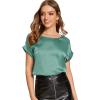 imageFloerns Womens Casual Solid Rolled Cap Short Sleeve Satin Silk Blouse TopsGreen