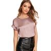 imageFloerns Womens Casual Solid Rolled Cap Short Sleeve Satin Silk Blouse TopsPink