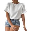 imageFloerns Womens Casual Solid Rolled Cap Short Sleeve Satin Silk Blouse TopsWhite Ivory